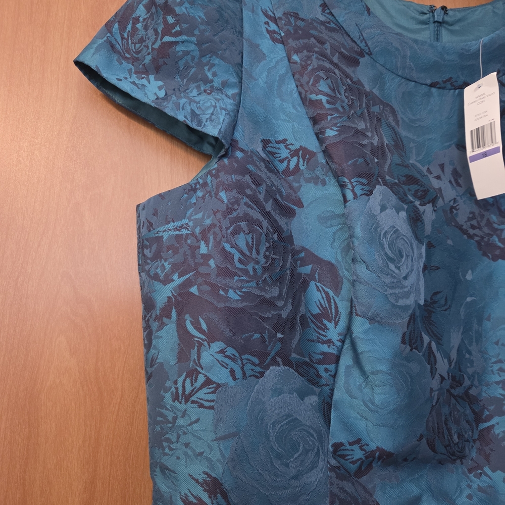 CARMEN MARC VALVO Teal Floral Jacquard Midi Dress Size 18 - Picture 4 of 11